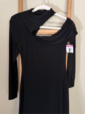 Astr Black Asymmetric Shoulder Long Sleeve Cutout Dress